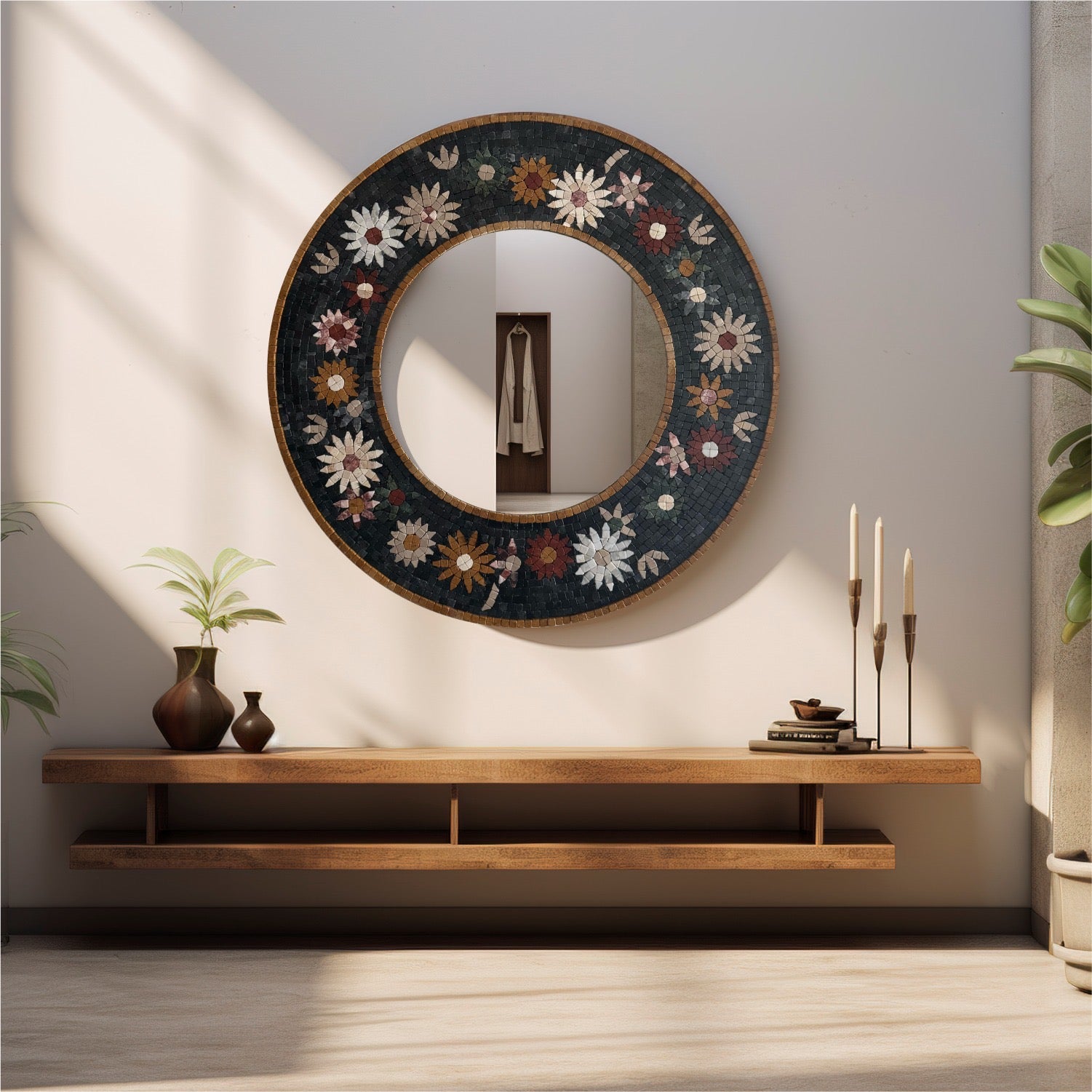 Timeless Beauty Mosaic Mirror – Handcrafted Floral Stone Art for Patio and Outdoor Areas